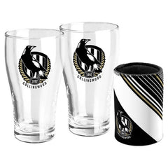 AFL SET OF 2 PINT GLASSES AND CAN COOLER COLLINGWOOD MAGPIES
